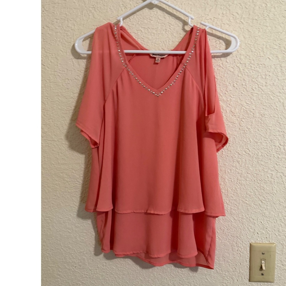 Juicy Couture Coral Pink Rhinestone V-Neck Cold Shoulder Tiered Blouse XS